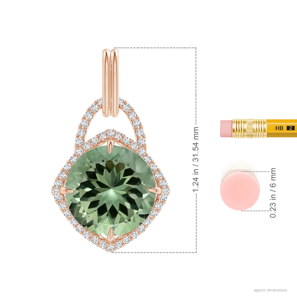 14.18x14.12x8.75mm AAA GIA Certified Round Green Amethyst Pendant with Cushion Halo in Rose Gold ruler