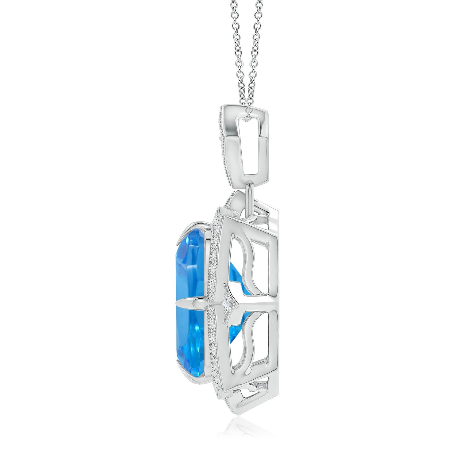 12.06x9.92x6.12mm AAAA GIA Certified Antique Style Swiss Blue Topaz Pendant with Diamond Halo in White Gold - side 2