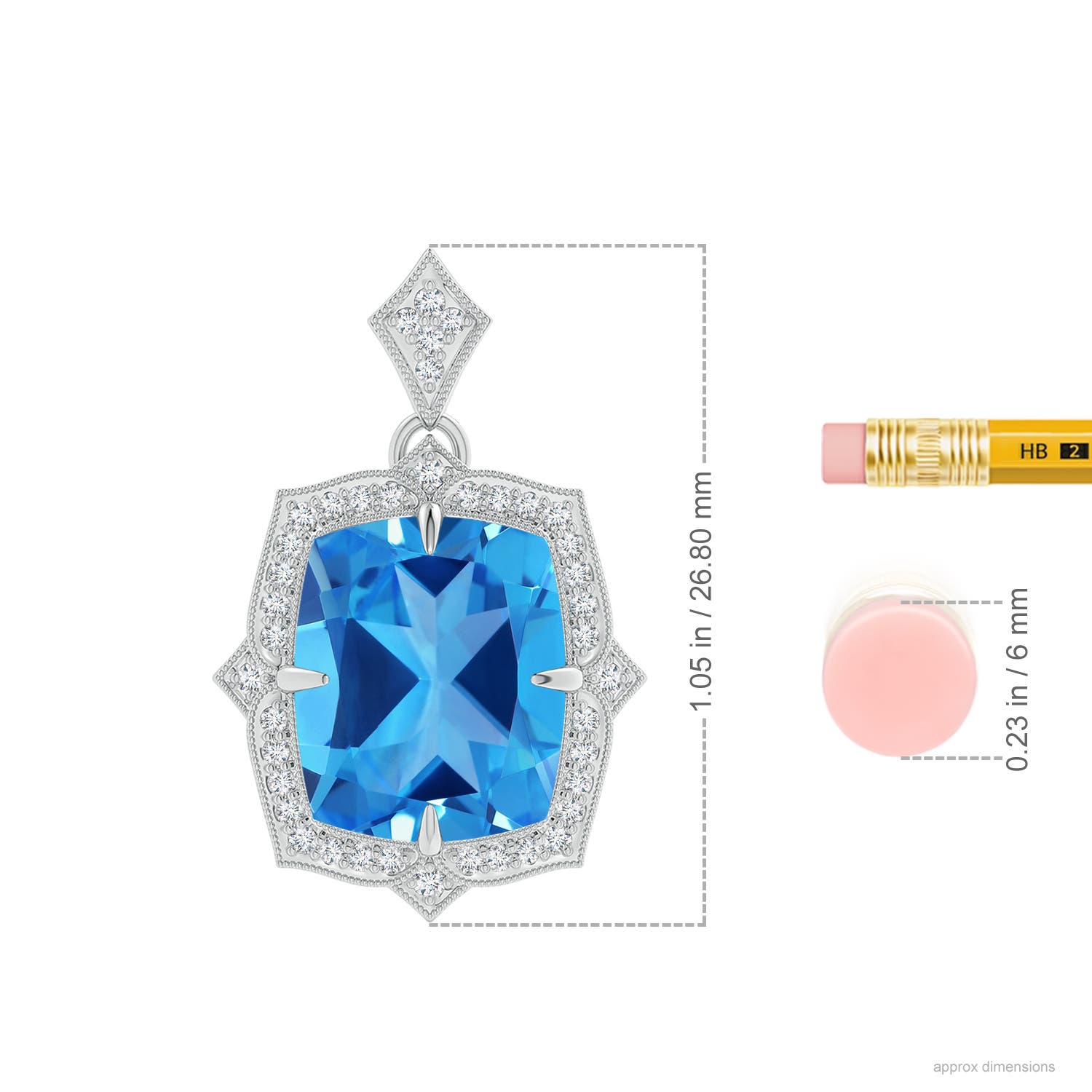 12.06x9.92x6.12mm AAAA GIA Certified Antique Style Swiss Blue Topaz Pendant with Diamond Halo in White Gold - ruler