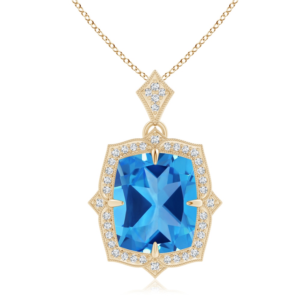 12.06x9.92x6.12mm AAAA GIA Certified Antique Style Swiss Blue Topaz Pendant with Diamond Halo in Yellow Gold
