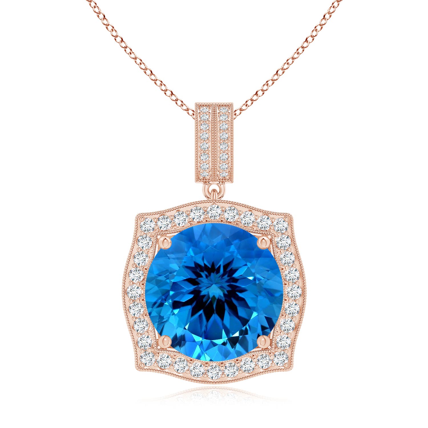 15.14x15.01x9.20mm AAAA GIA Certified Vintage Inspired Round Swiss Blue Topaz Halo Pendant in 18CT Rose Gold
