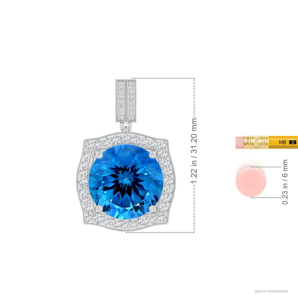 15.14x15.01x9.20mm AAAA GIA Certified Vintage Inspired Round Swiss Blue Topaz Halo Pendant in White Gold ruler