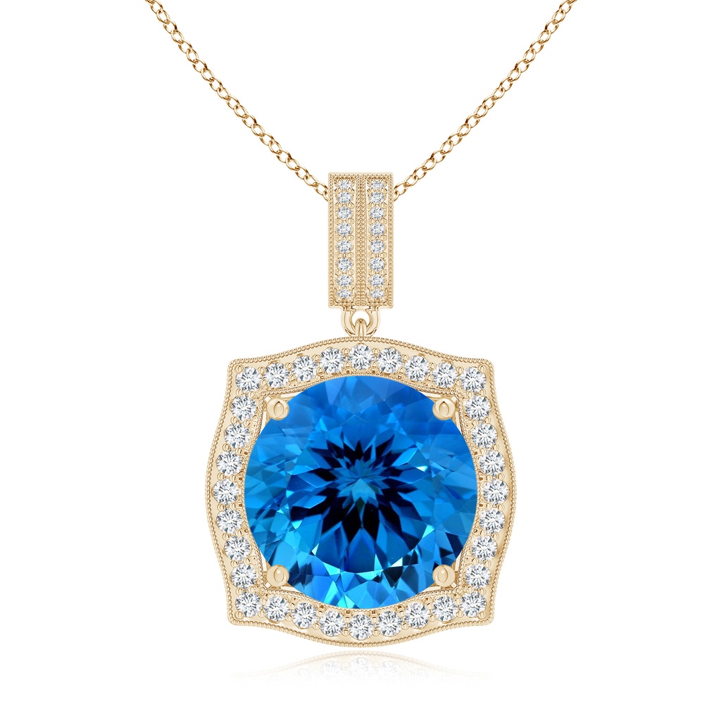 15.14x15.01x9.20mm AAAA GIA Certified Vintage Inspired Round Swiss Blue Topaz Halo Pendant in Yellow Gold