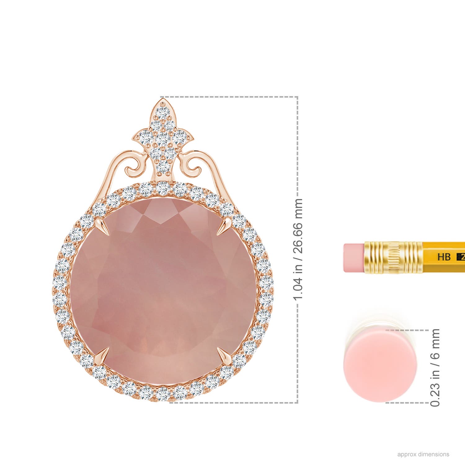 16.09x15.93x10.30mm AAAA GIA Certified Rose Quartz Pendant with Fleur De Lis Bale in Rose Gold - ruler