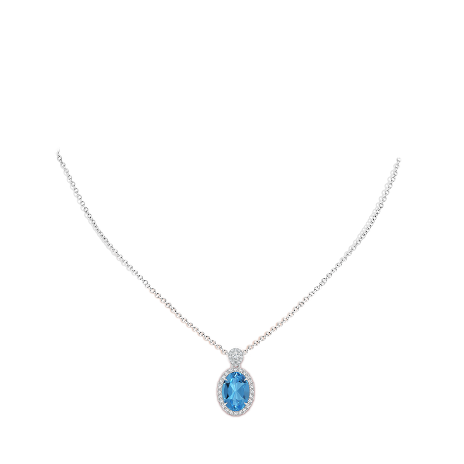 11.99x7.92x4.98mm AAAA GIA Certified Swiss Blue Topaz Halo Pendant with Scrollwork in White Gold pen