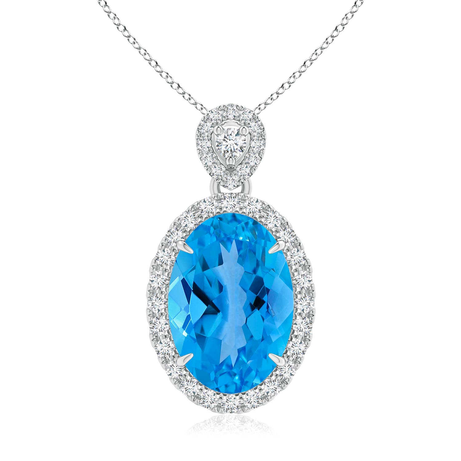 GIA Certified Swiss Blue Topaz Halo Pendant with Scrollwork