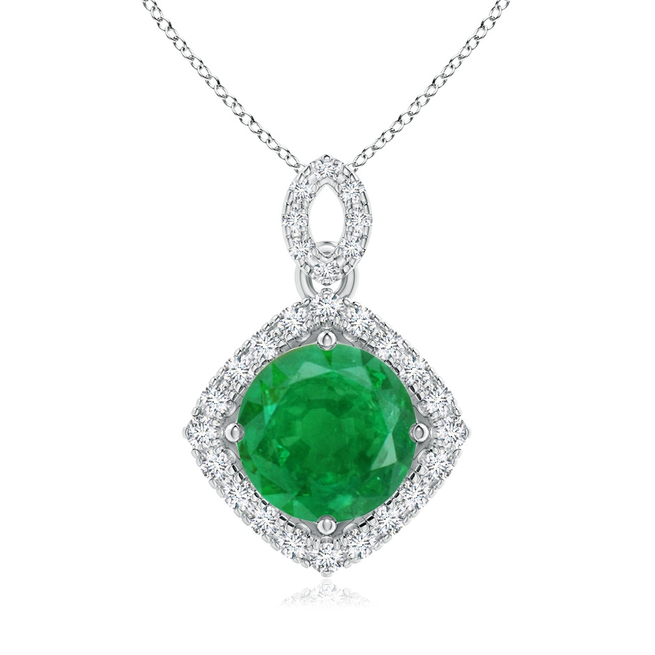 8mm AA Vintage Inspired Round Emerald Pendant with Diamond Halo in White Gold 