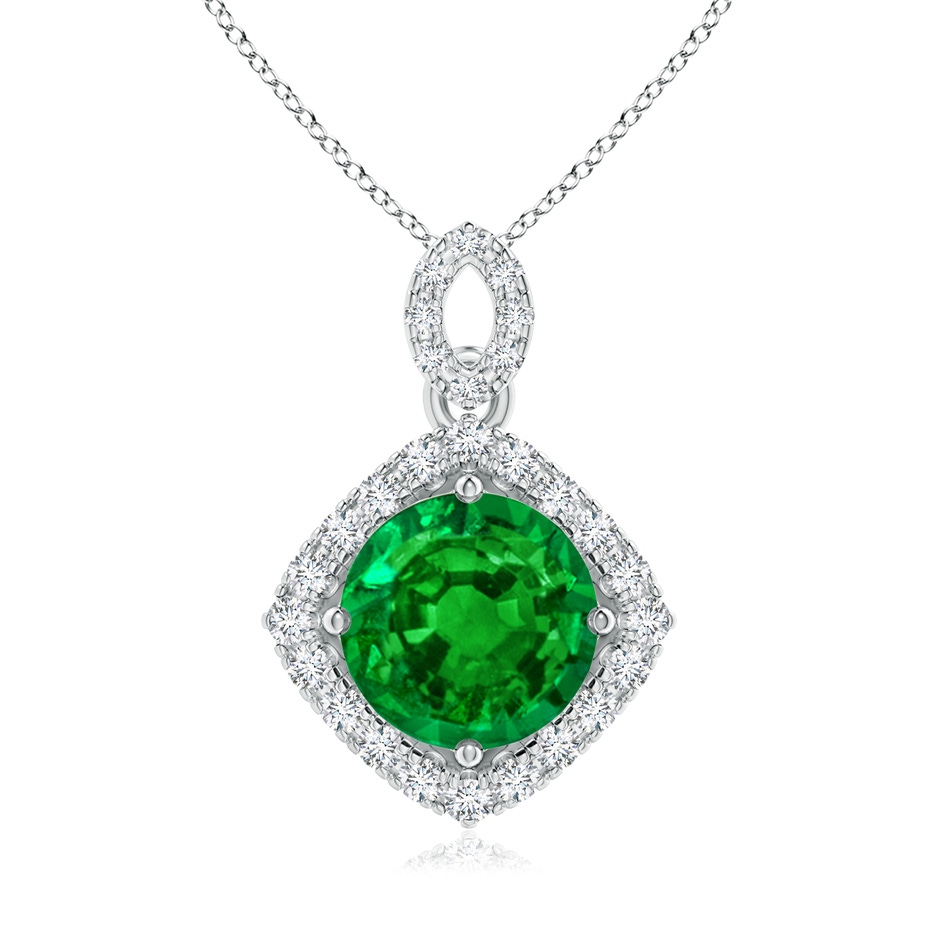 8mm AAAA Vintage Inspired Round Emerald Pendant with Diamond Halo in White Gold 