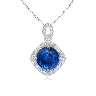 7mm AAA Vintage Inspired Round Sapphire Pendant with Diamond Halo in White Gold
