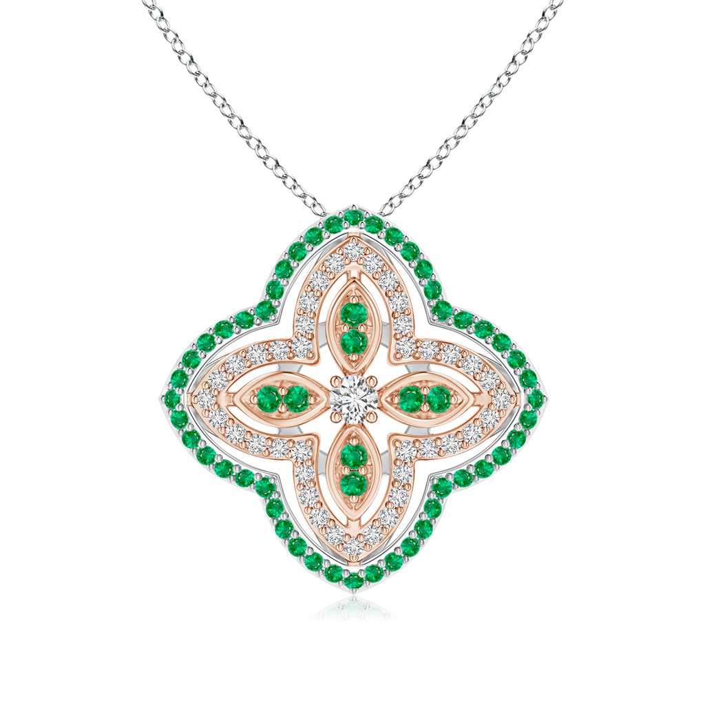 2.5mm HSI2 Diamond & Emerald Double Halo Two Tone Floral Pendant in White Gold Rose Gold