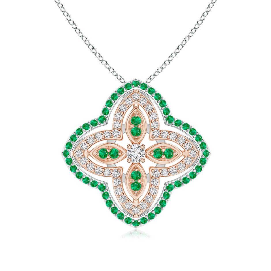 2.5mm HSI2 Diamond & Emerald Double Halo Two Tone Floral Pendant in White Gold Rose Gold 