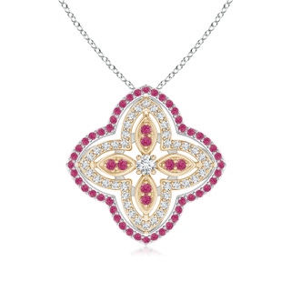 2.5mm GHVS Diamond & Pink Sapphire Double Halo Two Tone Floral Pendant in White Gold Yellow Gold