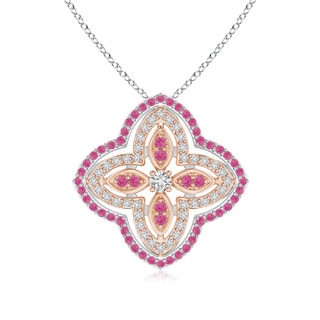 2.5mm HSI2 Diamond & Pink Sapphire Double Halo Two Tone Floral Pendant in White Gold Rose Gold