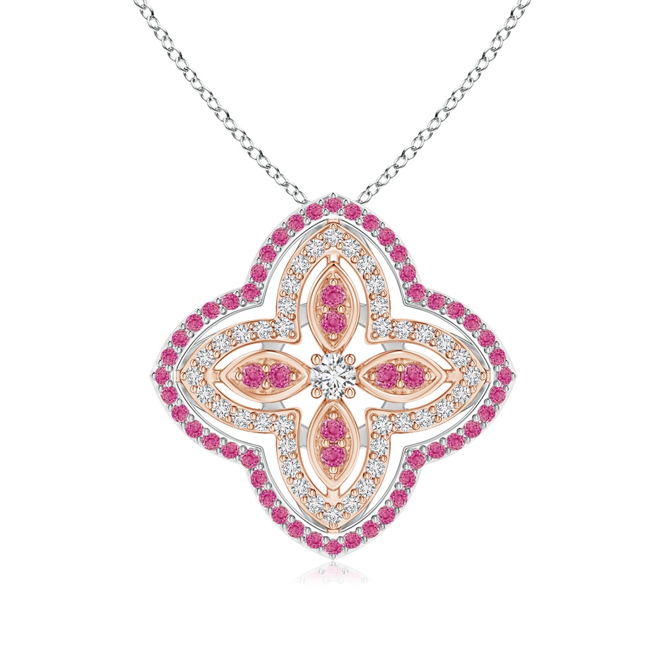 2.5mm HSI2 Diamond & Pink Sapphire Double Halo Two Tone Floral Pendant in White Gold Rose Gold 