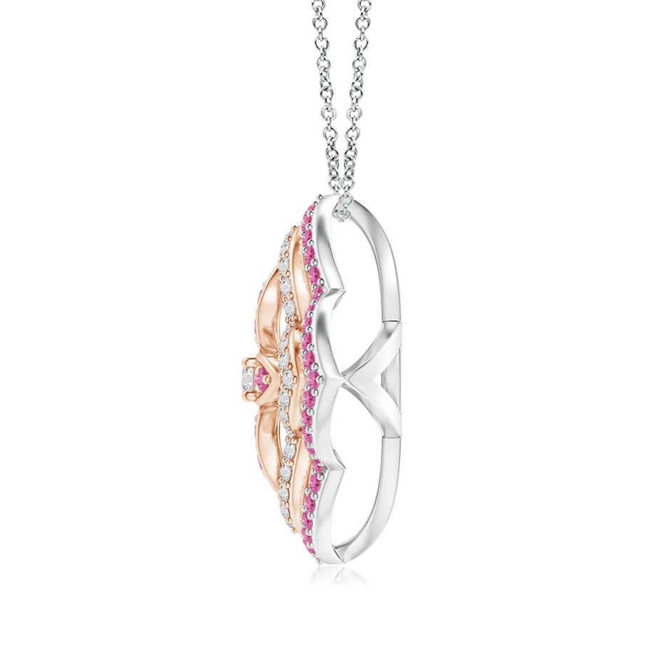 2.5mm HSI2 Diamond & Pink Sapphire Double Halo Two Tone Floral Pendant in White Gold Rose Gold product image