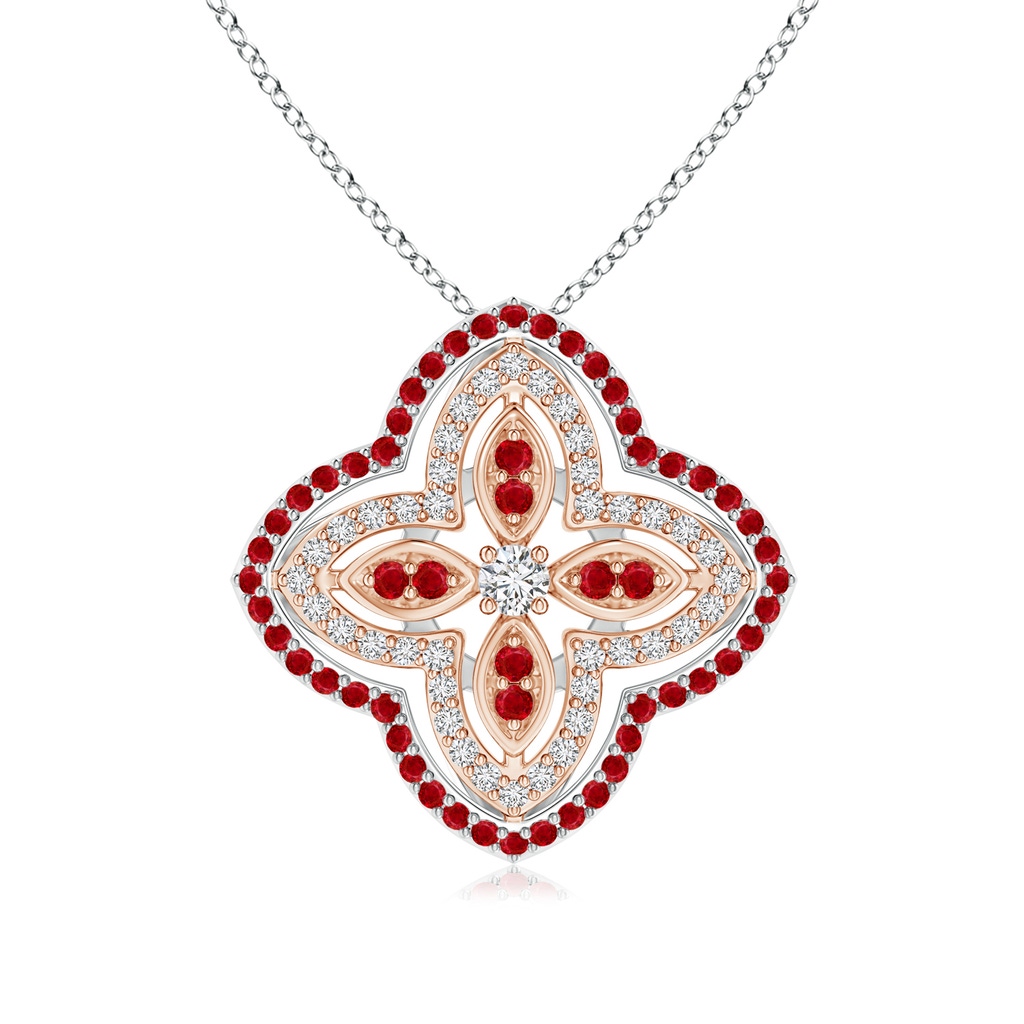 2.5mm HSI2 Diamond & Ruby Double Halo Two Tone Floral Pendant in White Gold Rose Gold