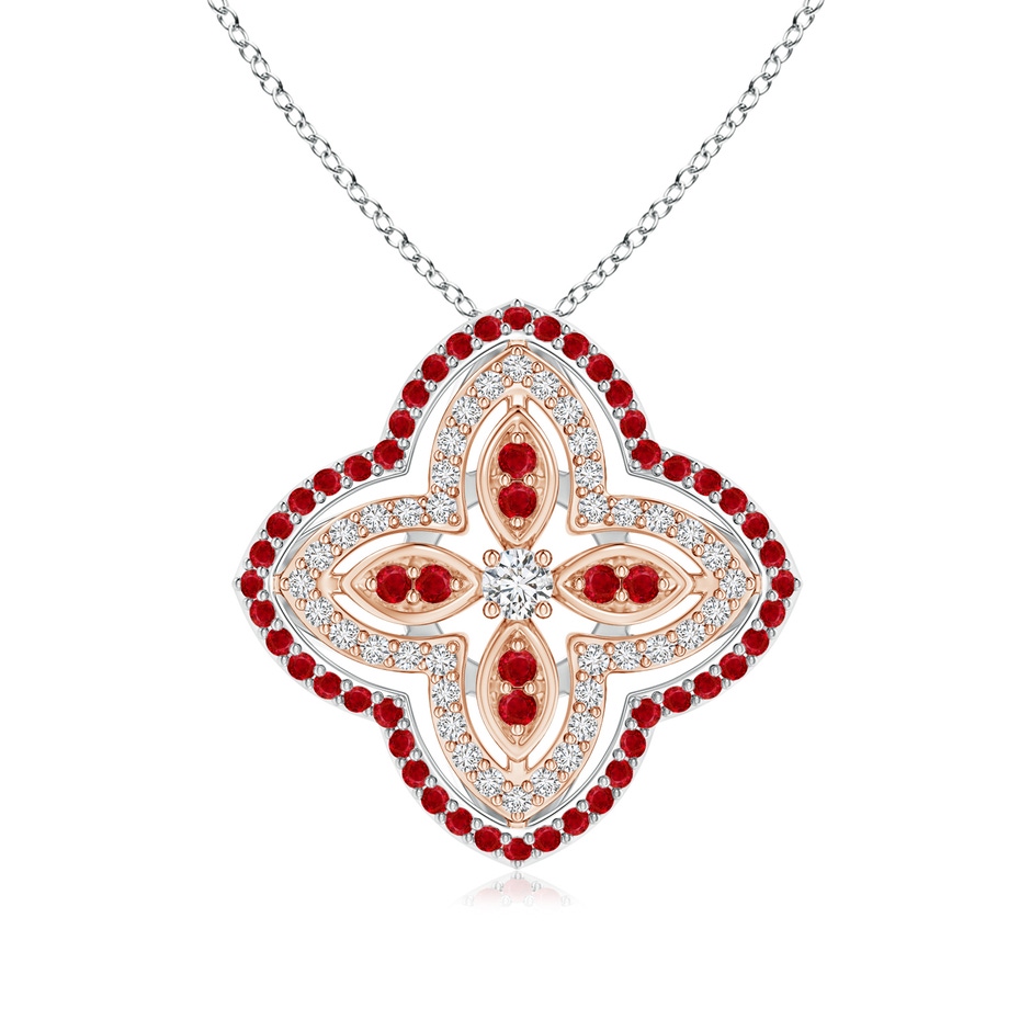 2.5mm HSI2 Diamond & Ruby Double Halo Two Tone Floral Pendant in White Gold Rose Gold 