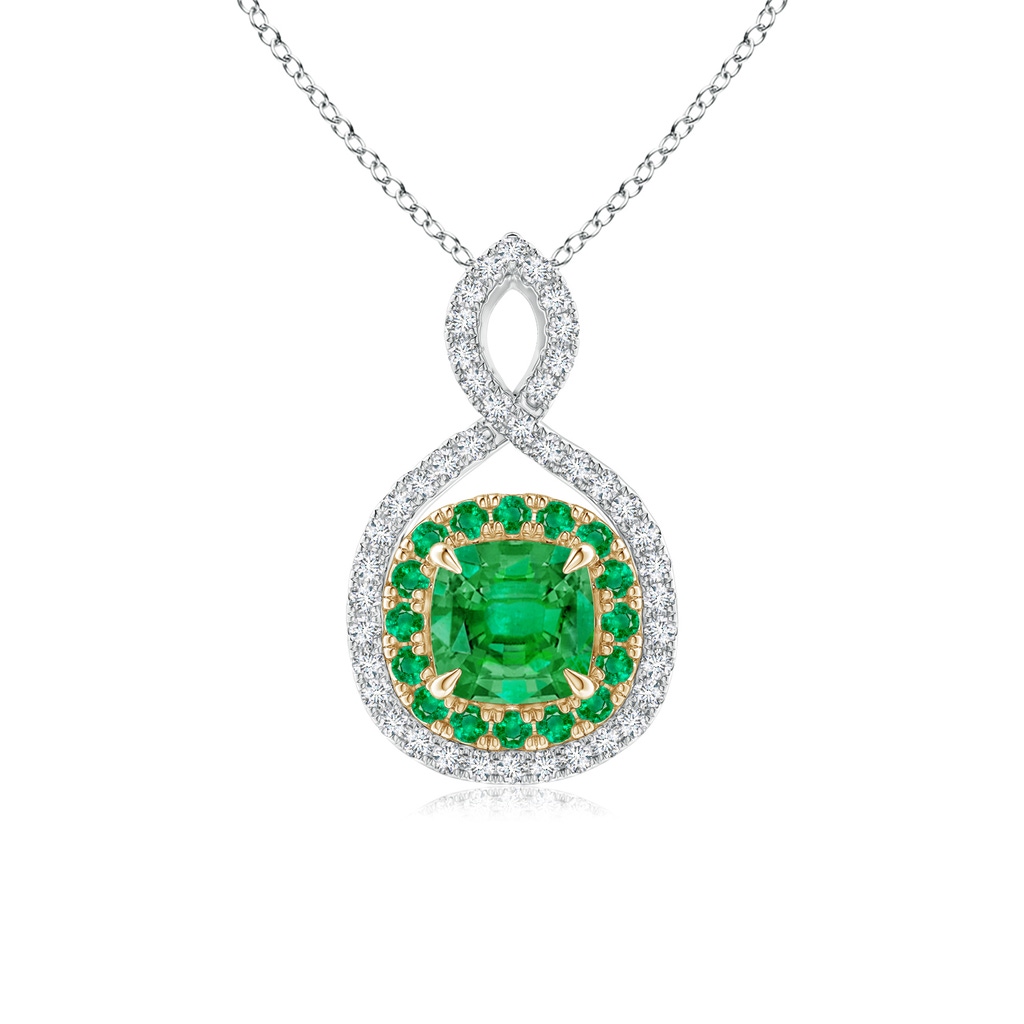 5mm AAA Emerald & Diamond Double Halo Two Tone Infinity Pendant in White Gold Yellow Gold