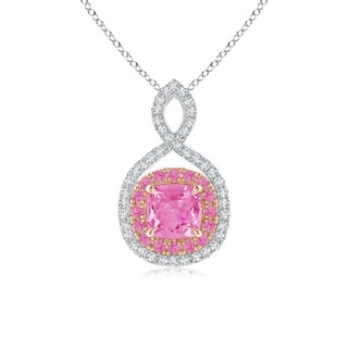 5mm AA Pink Sapphire & Diamond Double Halo Two Tone Infinity Pendant in White Gold Rose Gold