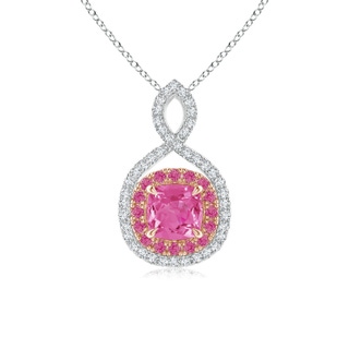 5mm AAA Pink Sapphire & Diamond Double Halo Two Tone Infinity Pendant in White Gold Rose Gold