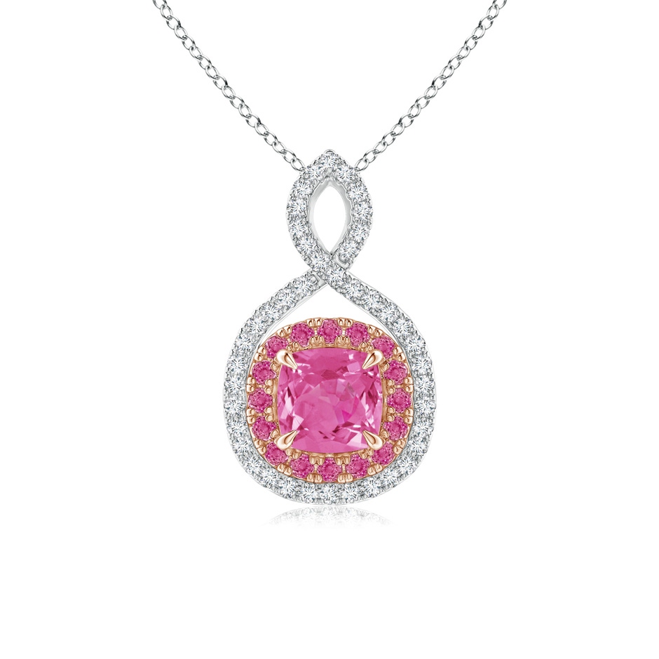 5mm AAA Pink Sapphire & Diamond Double Halo Two Tone Infinity Pendant in White Gold Rose Gold 