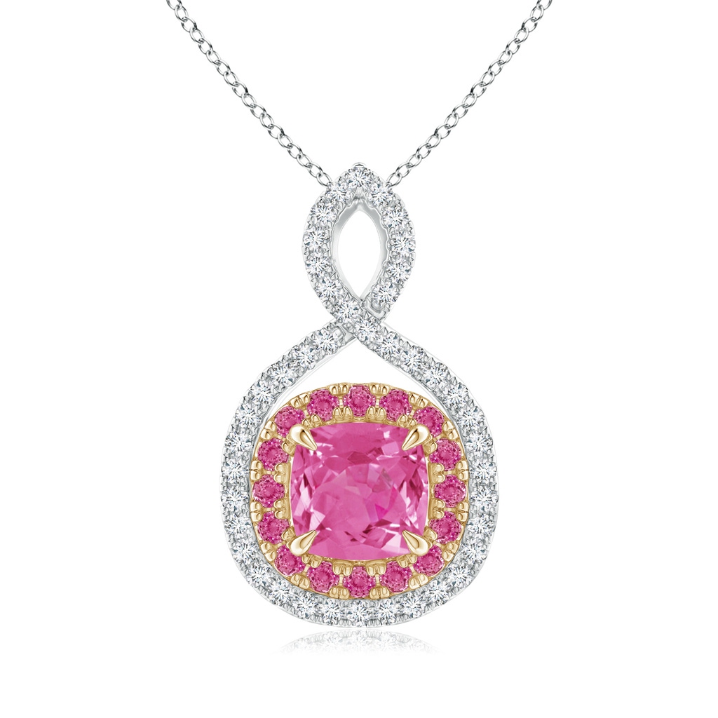 6mm AAA Pink Sapphire & Diamond Double Halo Two Tone Infinity Pendant in White Gold Yellow Gold