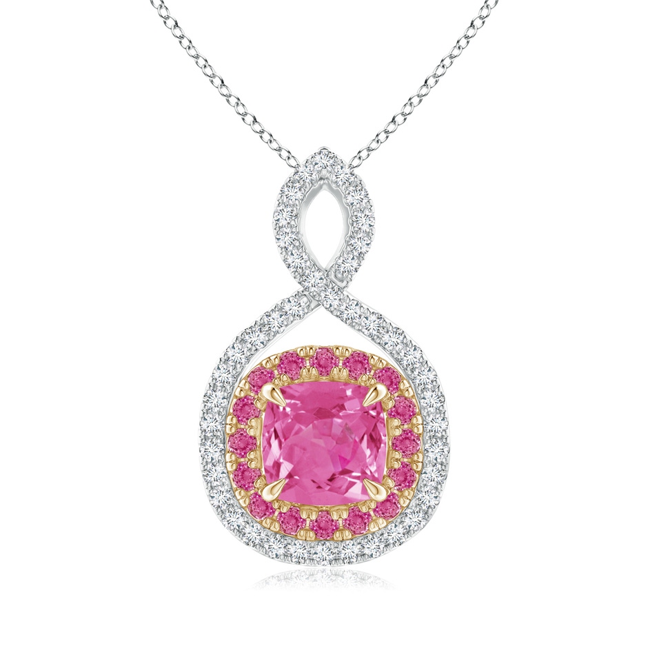 6mm AAA Pink Sapphire & Diamond Double Halo Two Tone Infinity Pendant in White Gold Yellow Gold 