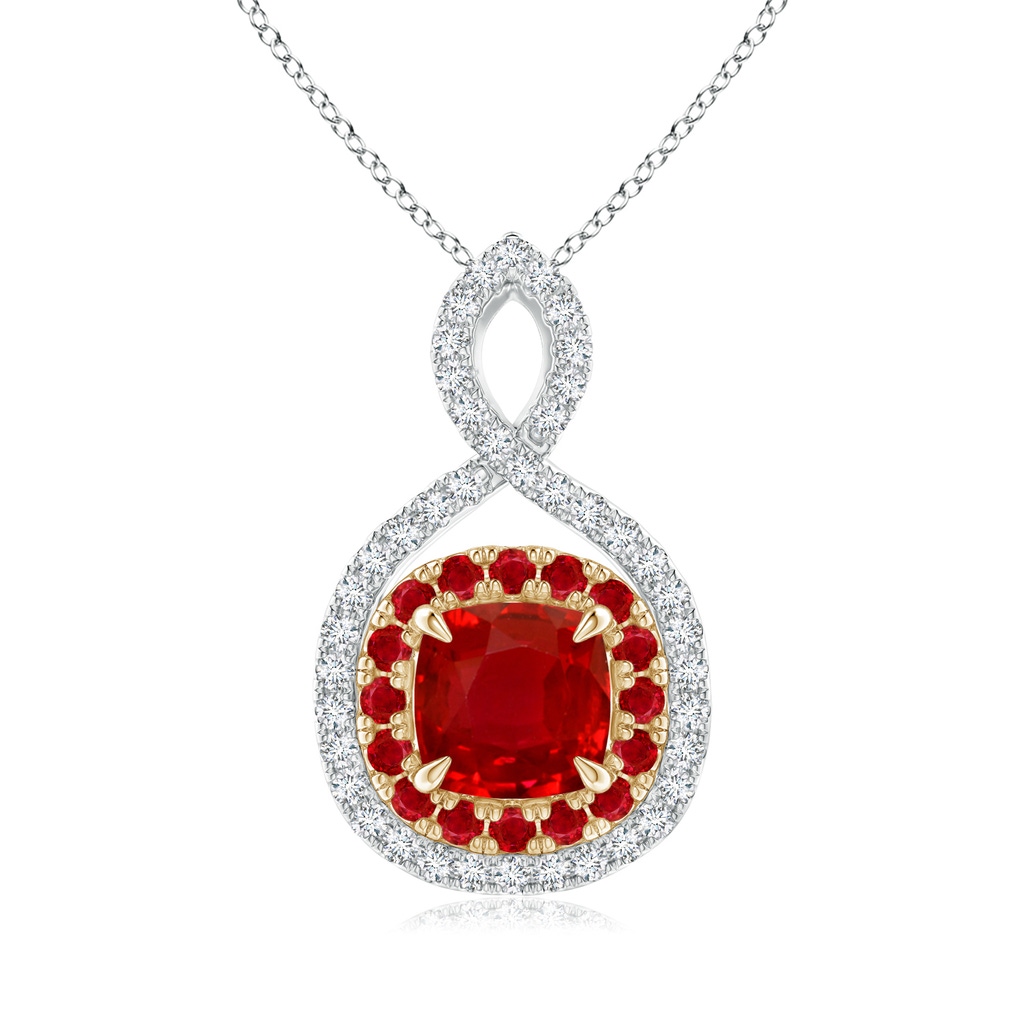 6mm AAA Ruby & Diamond Double Halo Two Tone Infinity Pendant in White Gold Yellow Gold
