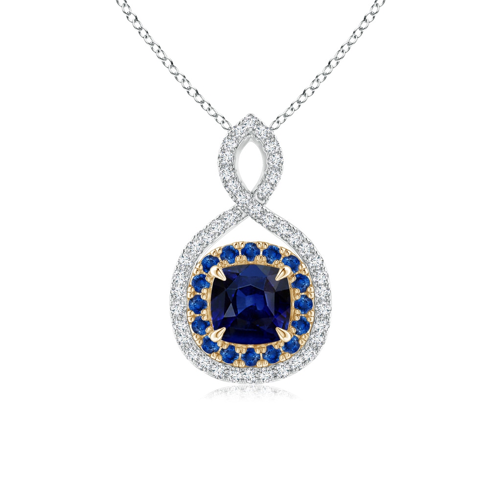 5mm AAA Sapphire & Diamond Double Halo Two Tone Infinity Pendant in White Gold Yellow Gold