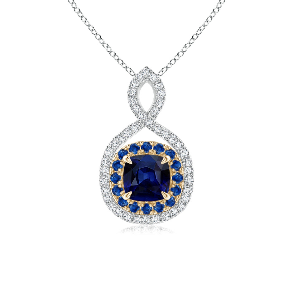 5mm AAA Sapphire & Diamond Double Halo Two Tone Infinity Pendant in White Gold Yellow Gold 