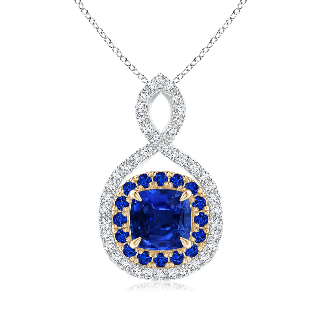 6mm AAAA Sapphire & Diamond Double Halo Two Tone Infinity Pendant in White Gold Yellow Gold