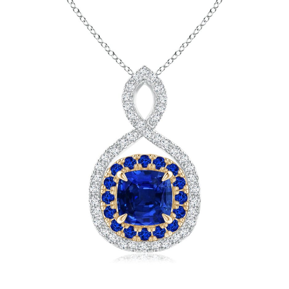 6mm AAAA Sapphire & Diamond Double Halo Two Tone Infinity Pendant in White Gold Yellow Gold 