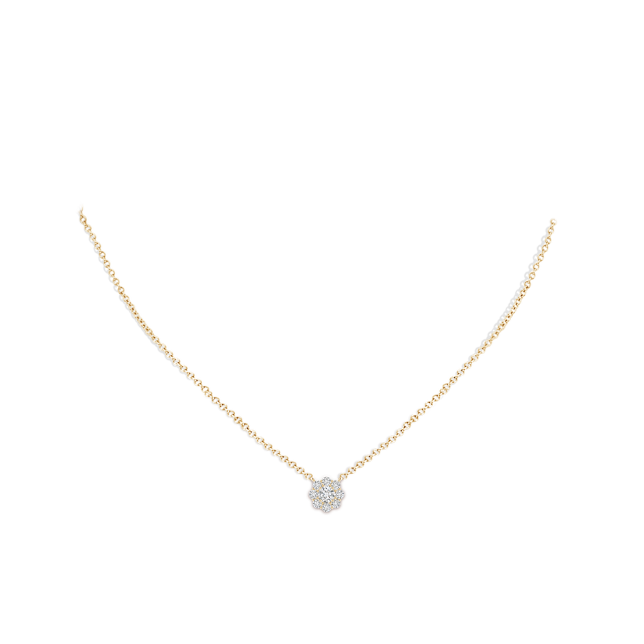3.5mm HSI2 Prong-Set Round Diamond Halo Pendant in Yellow Gold body-neck
