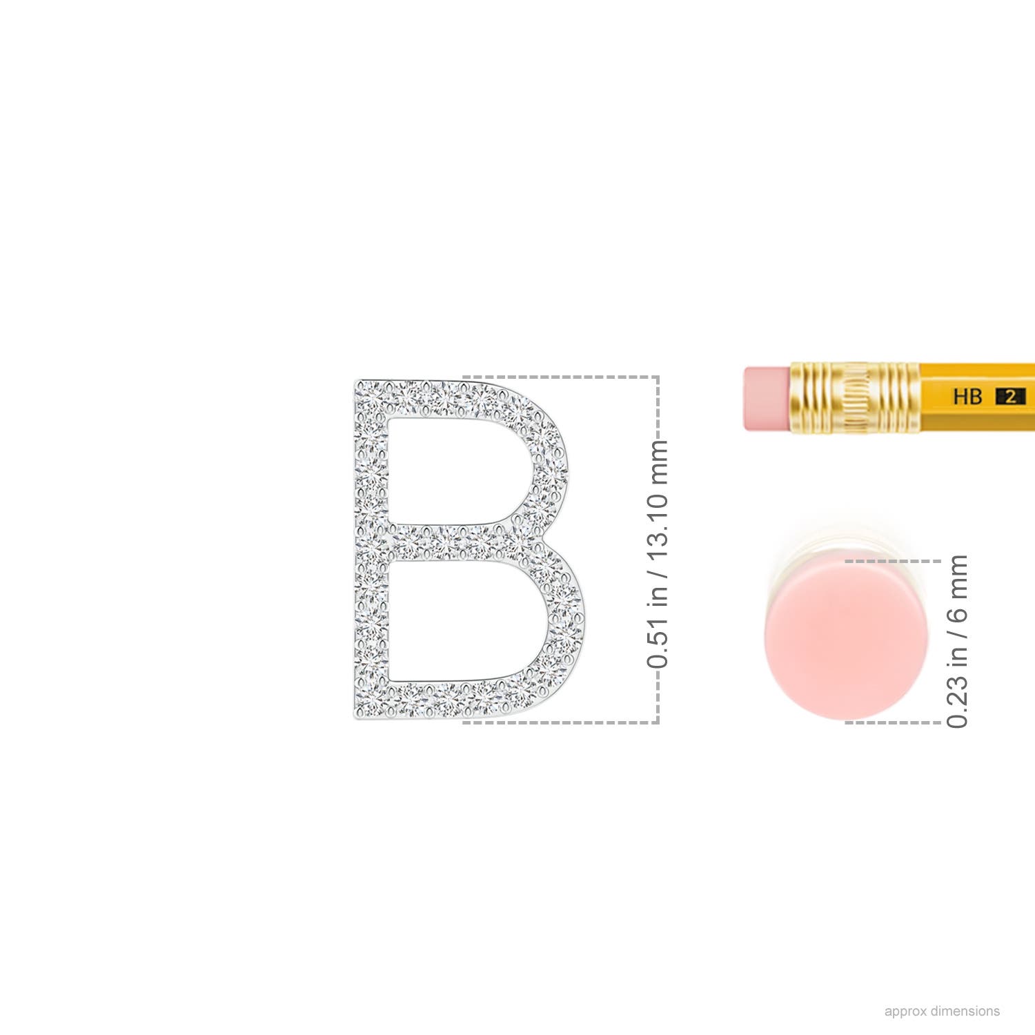 1.2mm HSI2 Prong-Set Diamond Capital "B" Initial Pendant in White Gold - ruler