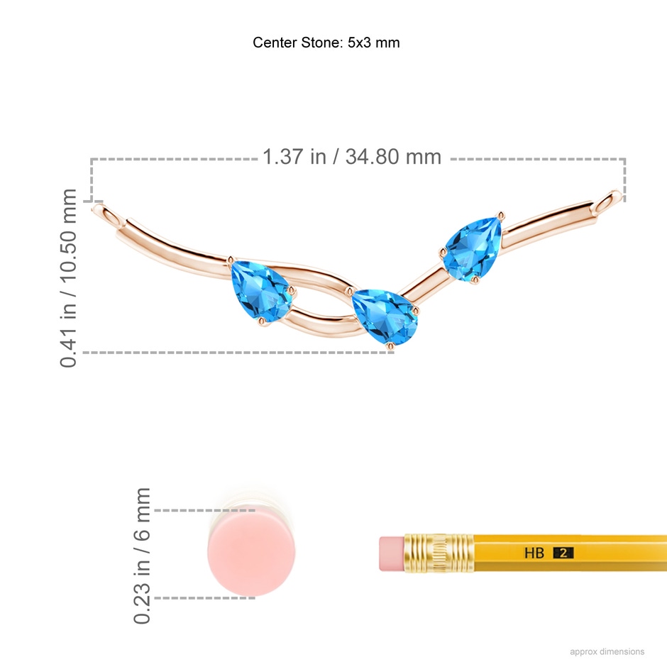 5x3mm AAAA Pear-Shaped Swiss Blue Topaz Tree Branch Pendant in Rose Gold ruler