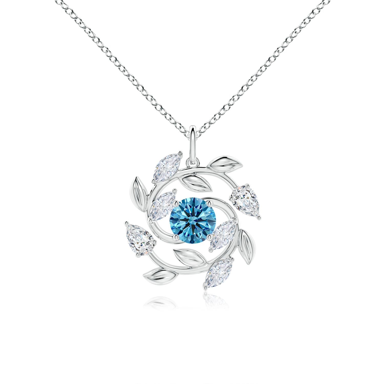 Angara 1.76 CTW Fancy Intense Blue and White Diamond Olive Branch Pendant in 14K White Gold