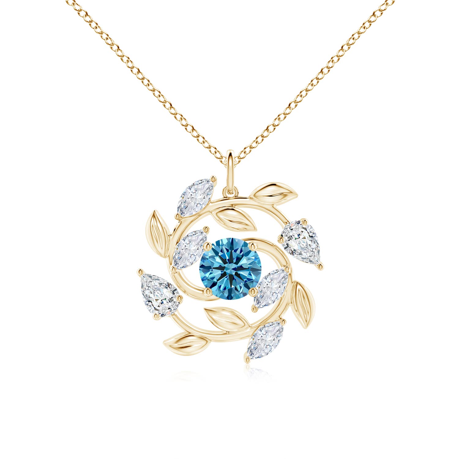 Angara 3.05 CTW Fancy Intense Blue and White Diamond Olive Branch Pendant in 14K Yellow Gold