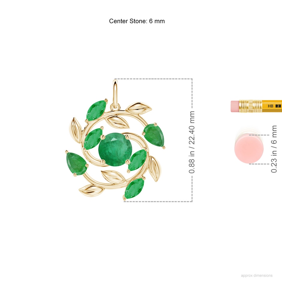 6mm A Round and Marquise Emerald Olive Branch Pendant in 18K Yellow Gold ruler