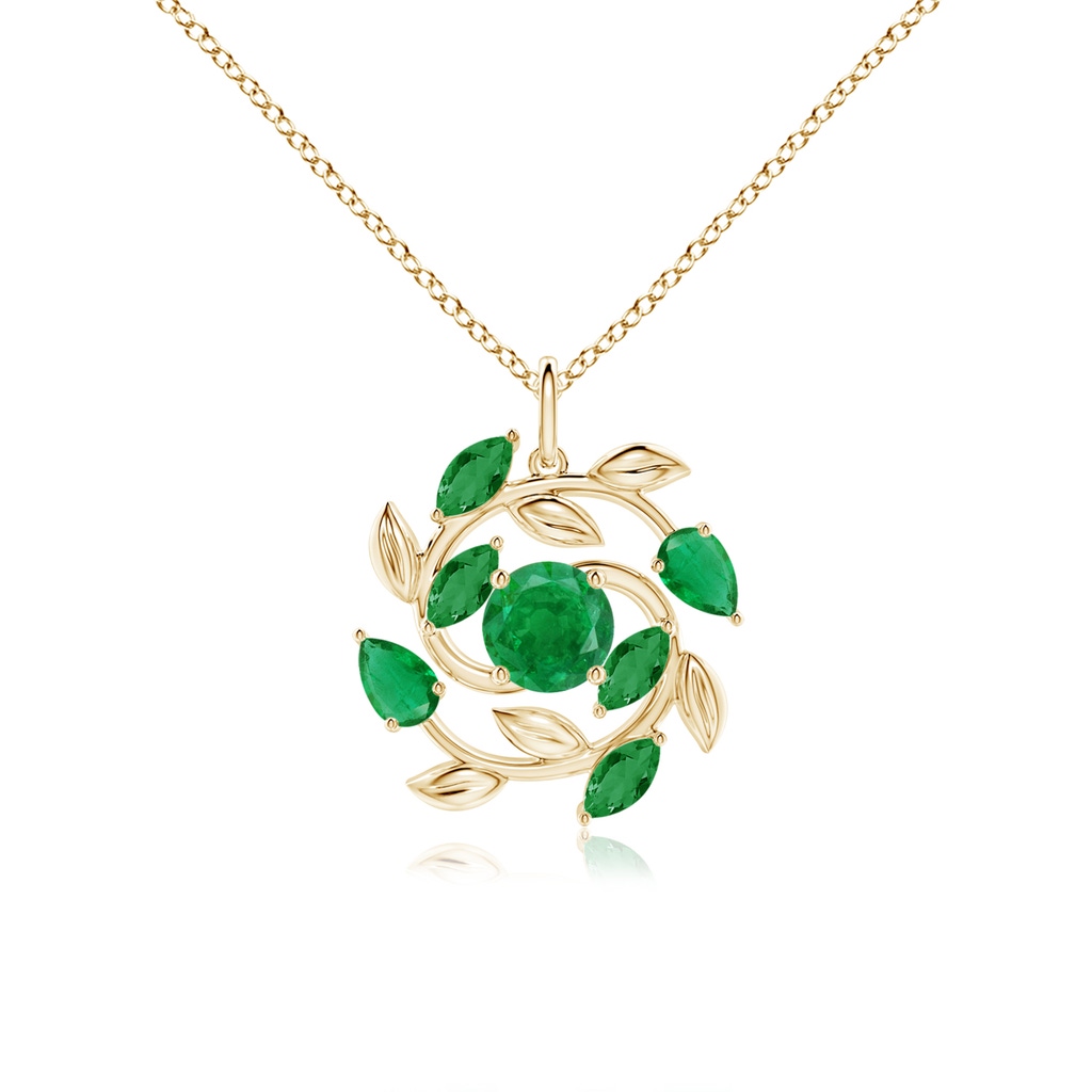 6mm AA Round and Marquise Emerald Olive Branch Pendant in Yellow Gold