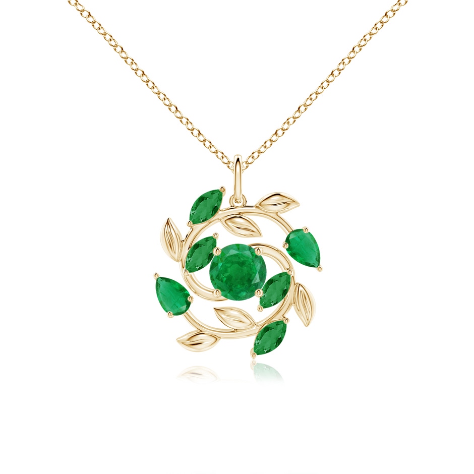 6mm AA Round and Marquise Emerald Olive Branch Pendant in Yellow Gold 