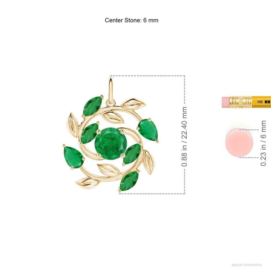 6mm AA Round and Marquise Emerald Olive Branch Pendant in Yellow Gold ruler