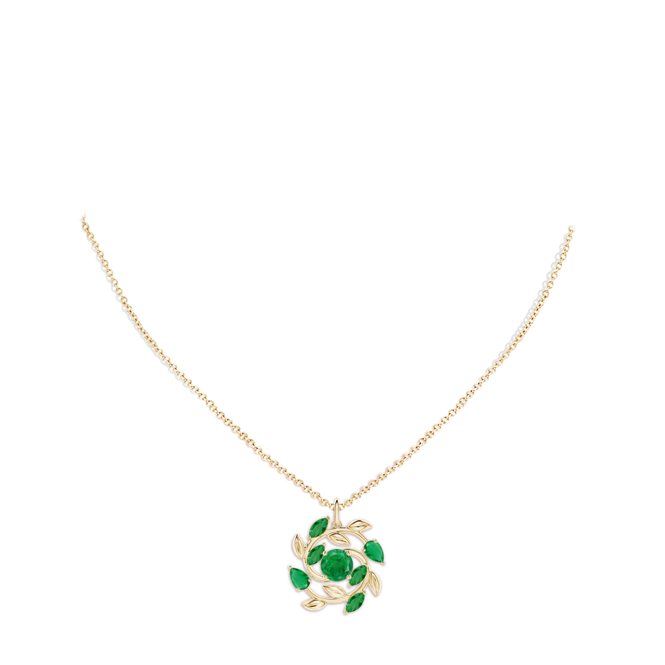 6mm AA Round and Marquise Emerald Olive Branch Pendant in Yellow Gold pen
