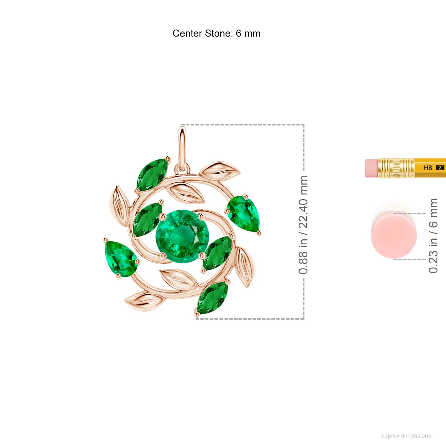 6mm AAA Round and Marquise Emerald Olive Branch Pendant in Rose Gold - ruler