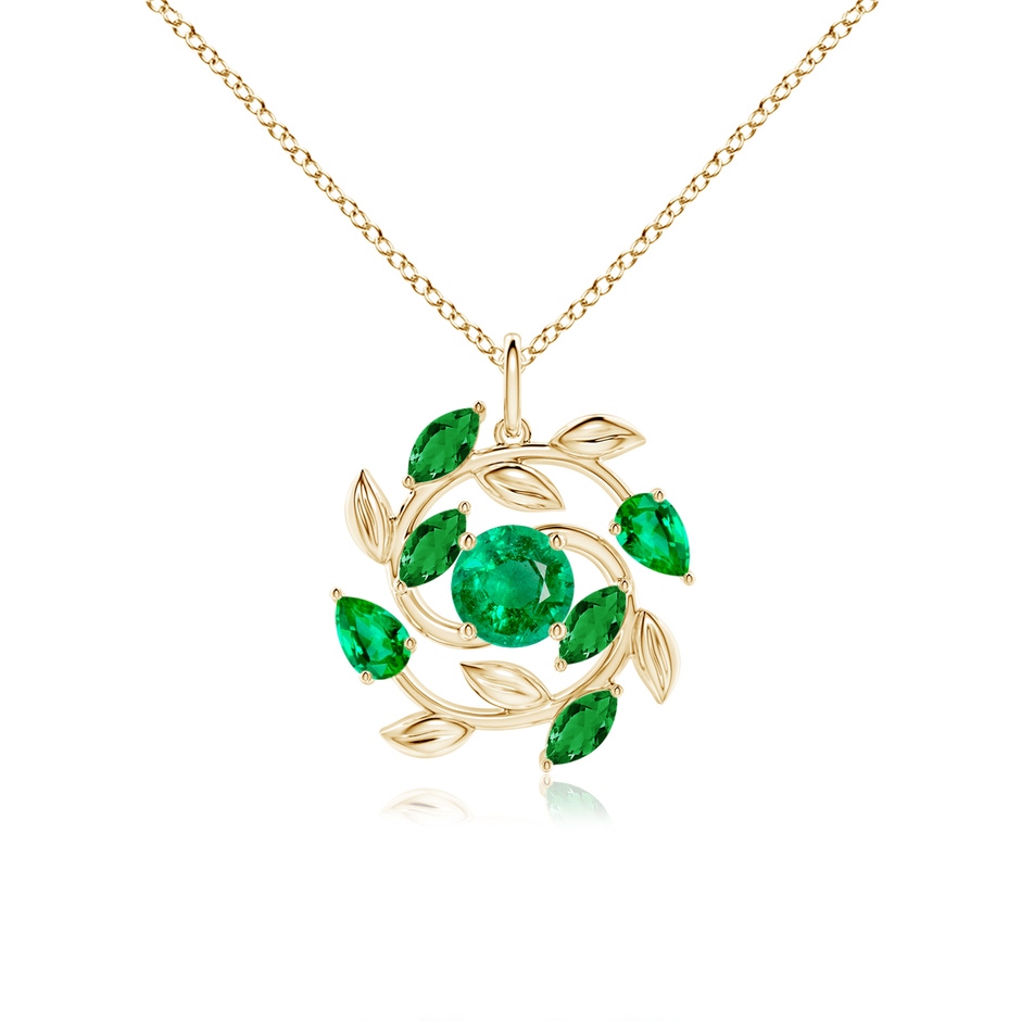 6mm AAA Round and Marquise Emerald Olive Branch Pendant in Yellow Gold 