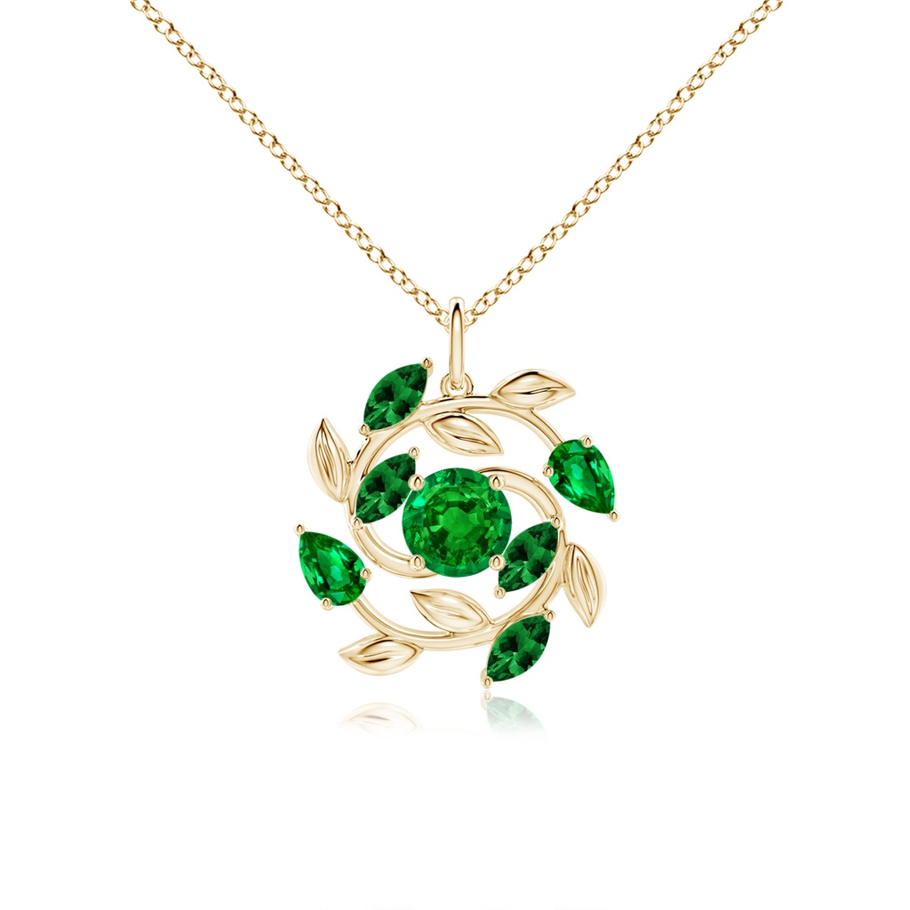6mm AAAA Round and Marquise Emerald Olive Branch Pendant in Yellow Gold