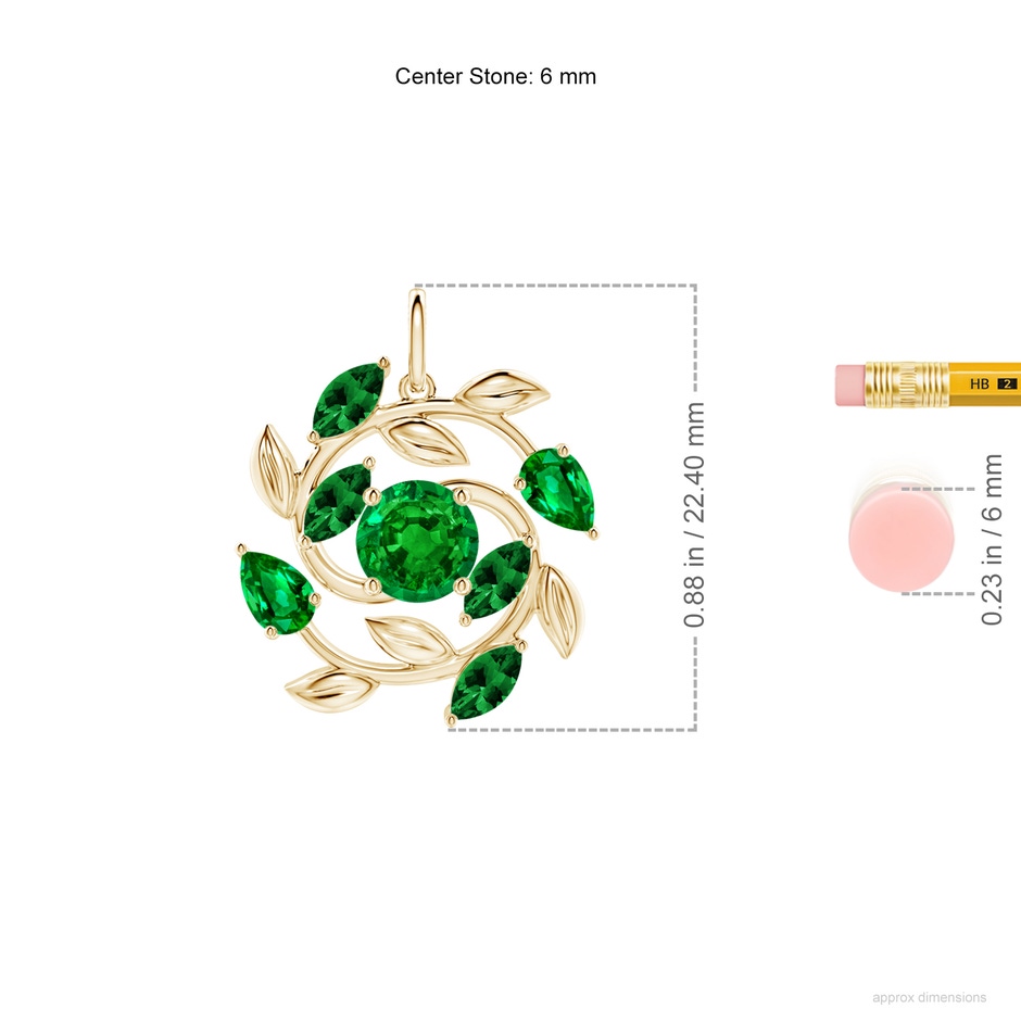 6mm AAAA Round and Marquise Emerald Olive Branch Pendant in Yellow Gold ruler