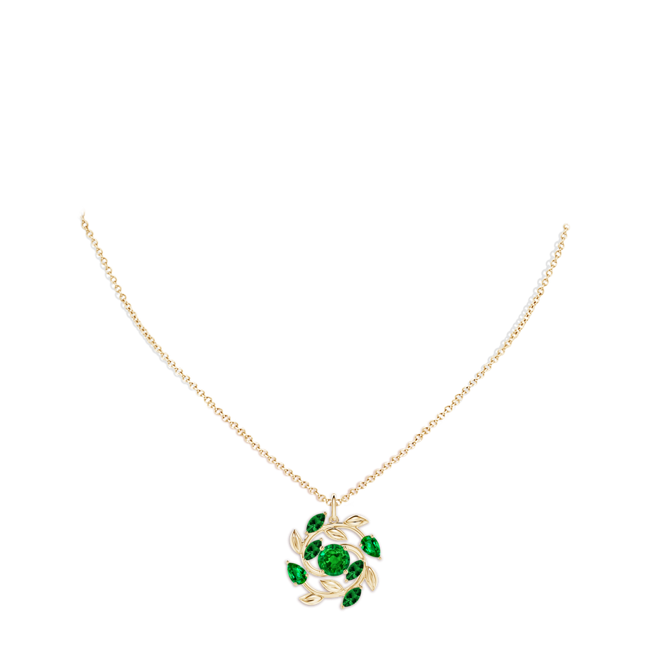 6mm AAAA Round and Marquise Emerald Olive Branch Pendant in Yellow Gold pen