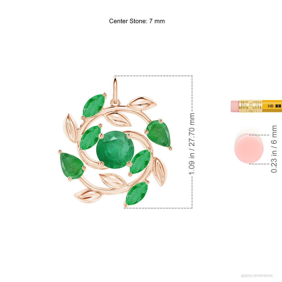 7mm A Round and Marquise Emerald Olive Branch Pendant in Rose Gold ruler