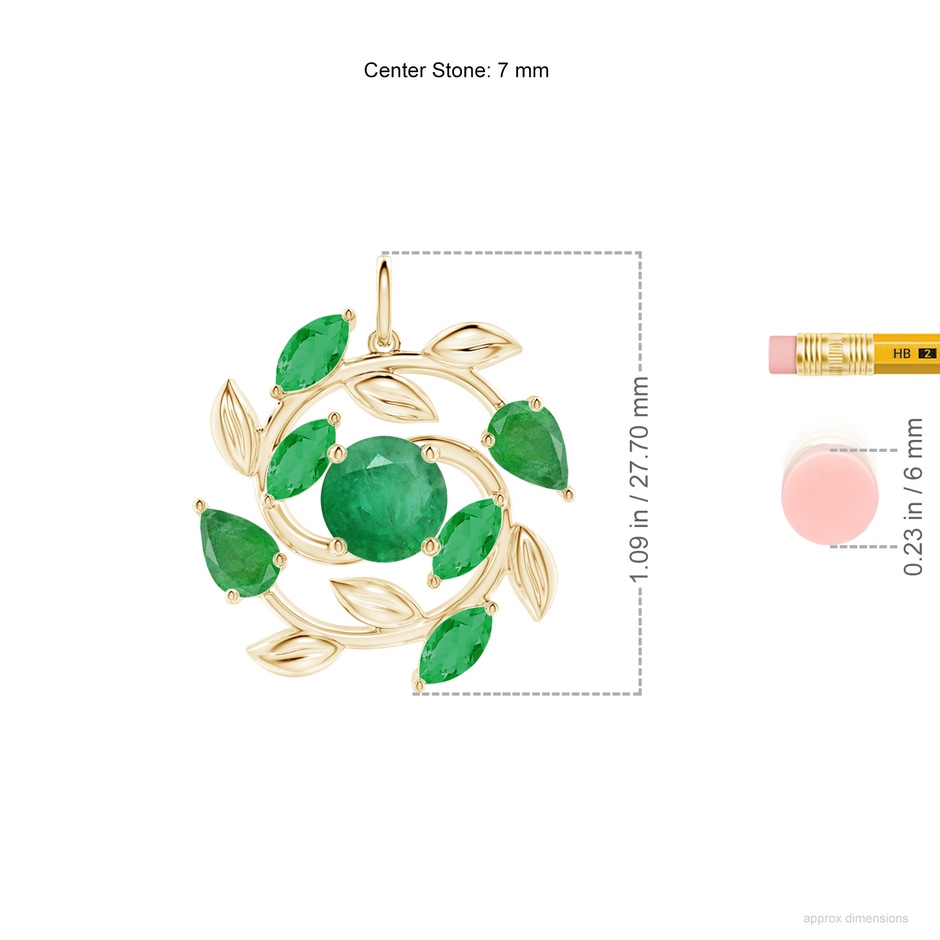 7mm A Round and Marquise Emerald Olive Branch Pendant in Yellow Gold ruler