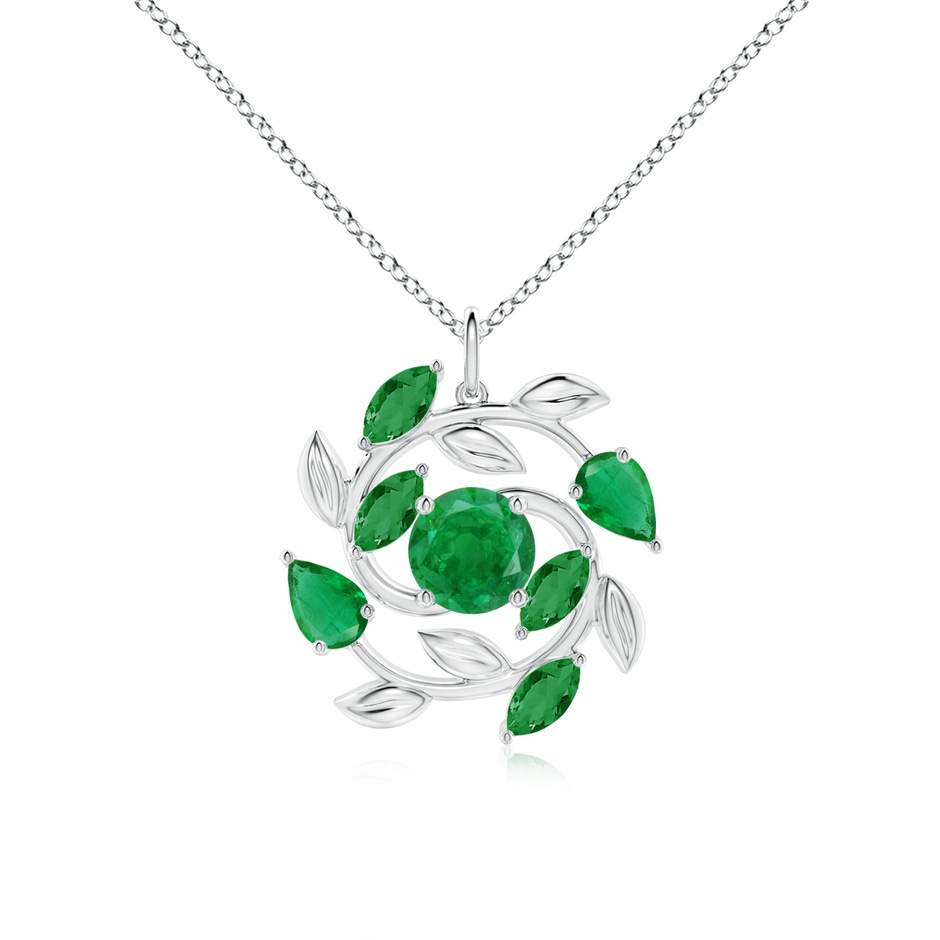 7mm AA Round and Marquise Emerald Olive Branch Pendant in 18K White Gold 